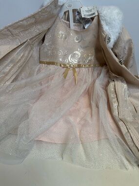 Blueberi Boulevard Girls Cream Floral Glitter Coat with Faux Fur Collar